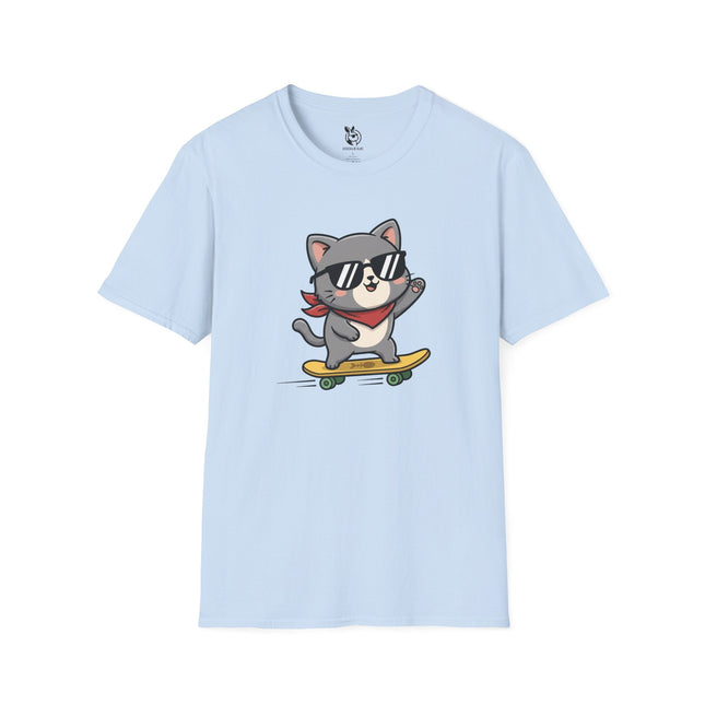 Radical Skateboard Kitty Soft Cotton Unisex T-Shirt in Light Blue .