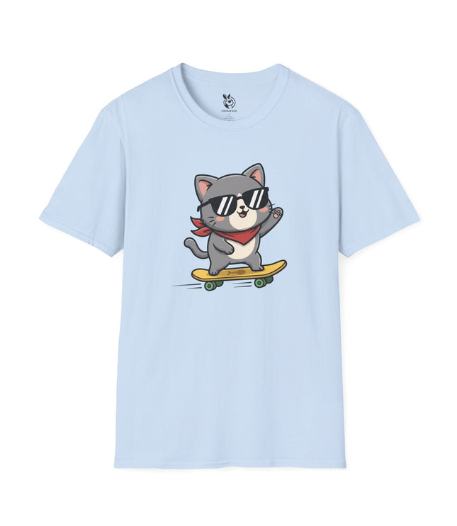 Radical Skateboard Kitty Soft Cotton Unisex T-Shirt in Light Blue .