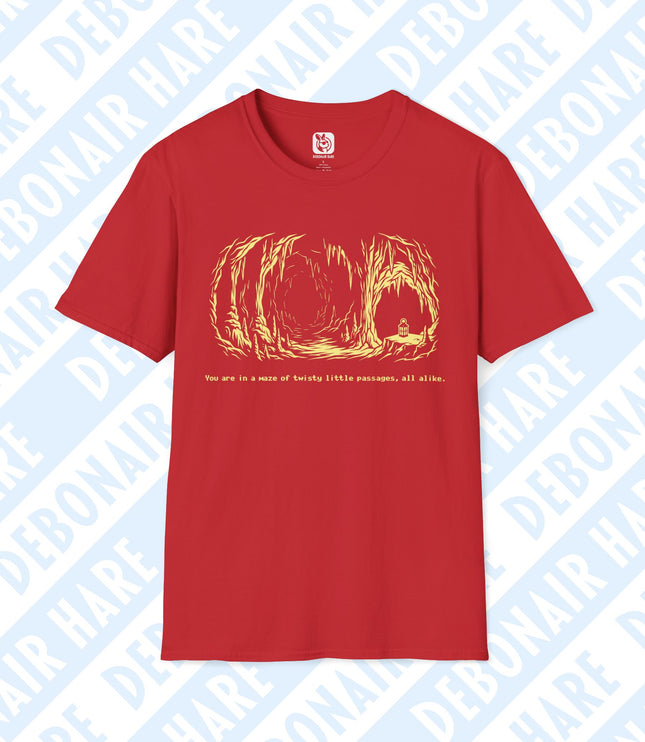 A red tshirt depicting a lonely cave with a single lantern, with the text "You are in a maze of twisty little passages, all alike."