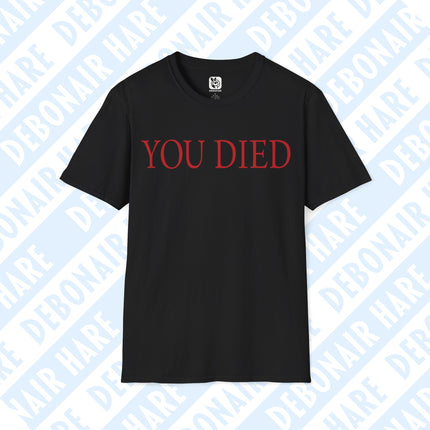 A black t-shirt with the Fromsoft "You Died" text on it in red.