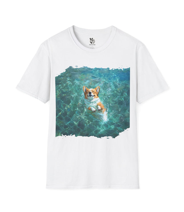 Happy Floating Swimming Corgi Unisex T-Shirt in White .