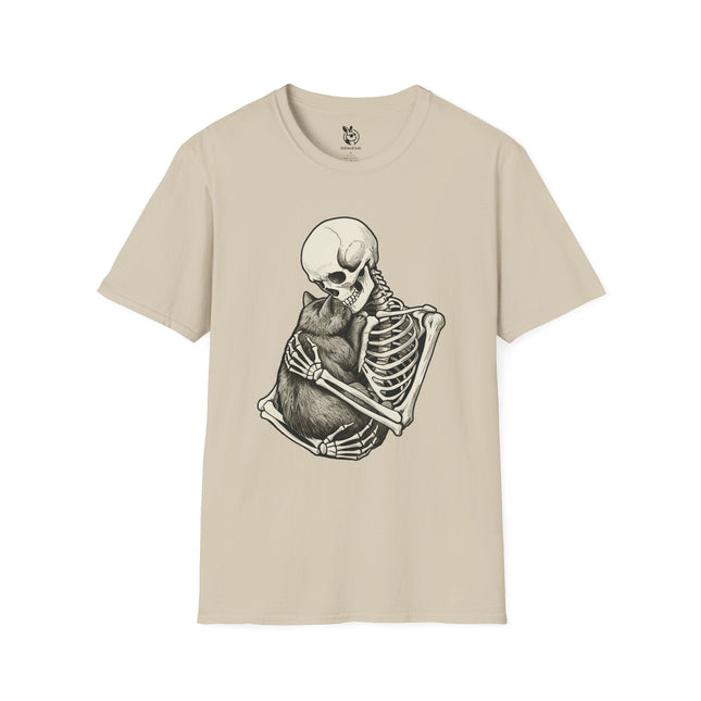 Beige t-shirt with a design of a skeleton holding a cat.