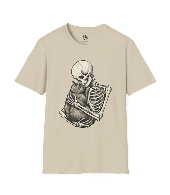 Beige t-shirt with a design of a skeleton holding a cat.