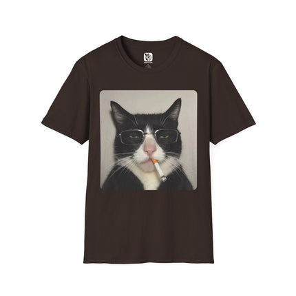 Brown t-shirt with a graphic of a cat smoking a cigarette