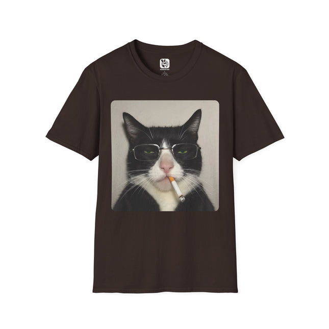 Brown t-shirt with a graphic of a cat smoking a cigarette