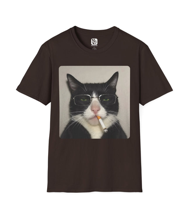 Brown t-shirt with a graphic of a cat smoking a cigarette