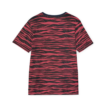 The back of a soft polyester sports jersey featuring a red and black horizontal stripe pattern.