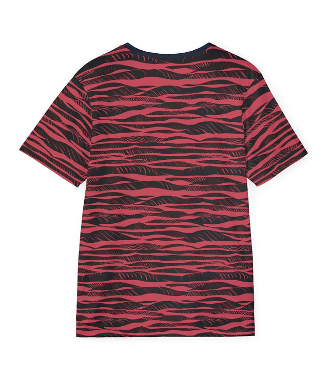 The back of a soft polyester sports jersey featuring a red and black horizontal stripe pattern.