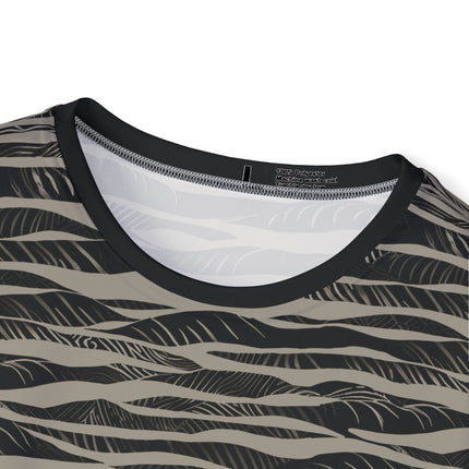 The neck of a soft polyester sports jersey featuring an abalone and black horizontal stripe pattern.