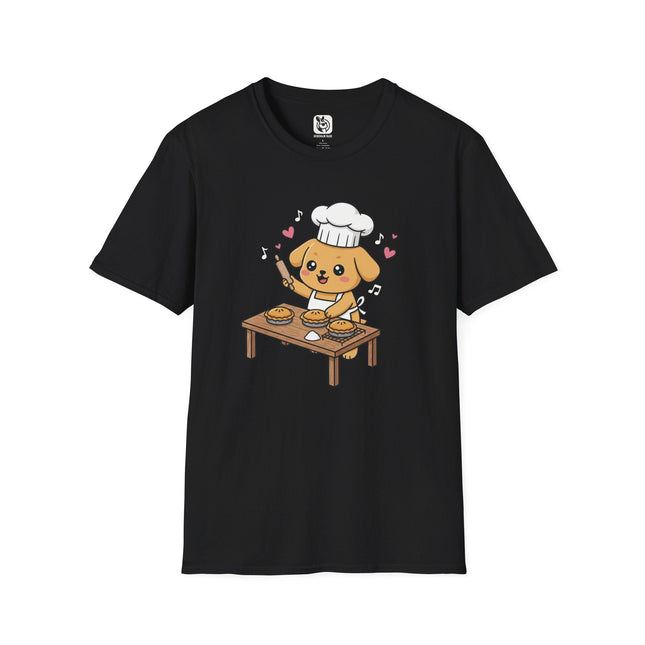 Cute Puppy Chef Soft Cotton Unisex T-Shirt in Black .