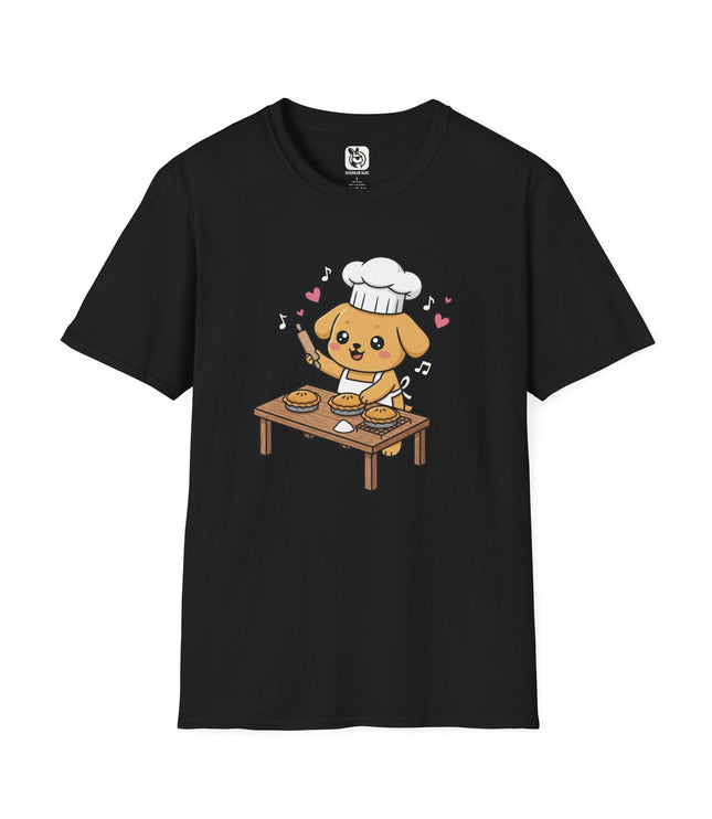 Cute Puppy Chef Soft Cotton Unisex T-Shirt in Black .