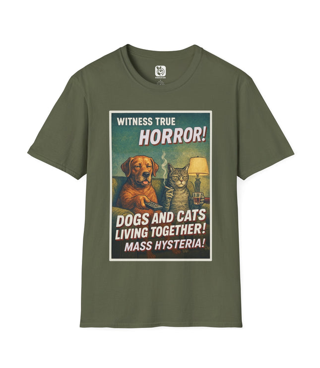 Dogs and Cats Living Together Unisex T-Shirt in Military Green .