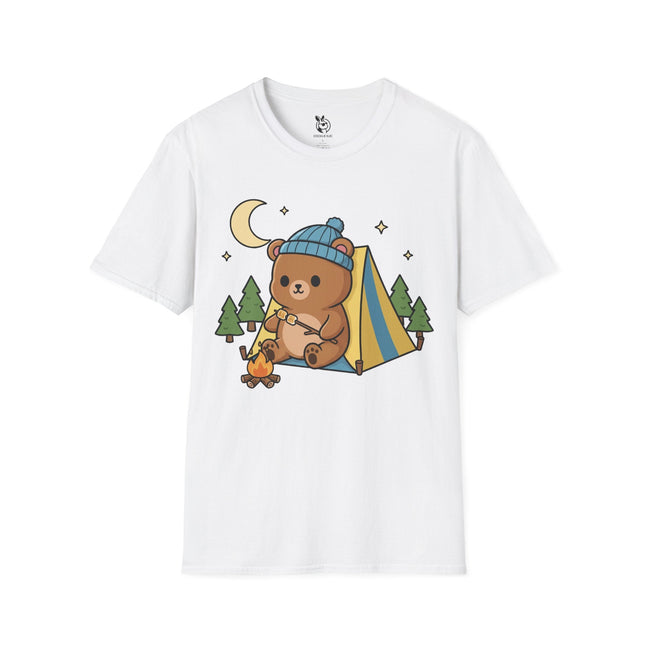 Cute Kawaii Camping Bear Soft Cotton Unisex T-Shirt in White .