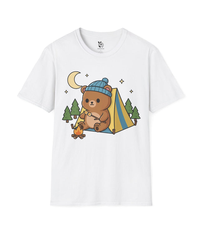 Cute Kawaii Camping Bear Soft Cotton Unisex T-Shirt in White .