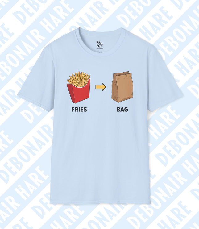 A light blue t-shirt depicting french fries pointing to a brown paper bag.