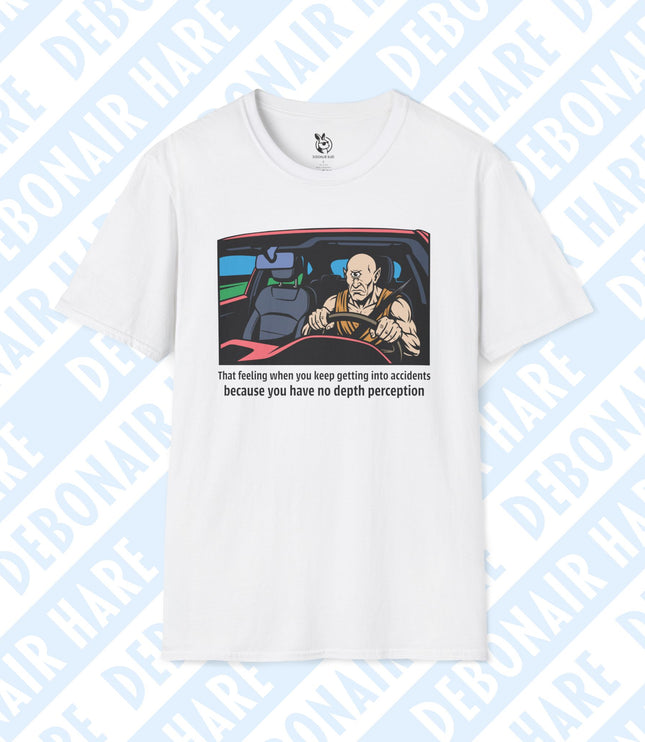 A white t-shirt depicting a driving cyclops upset with his lack of depth perception