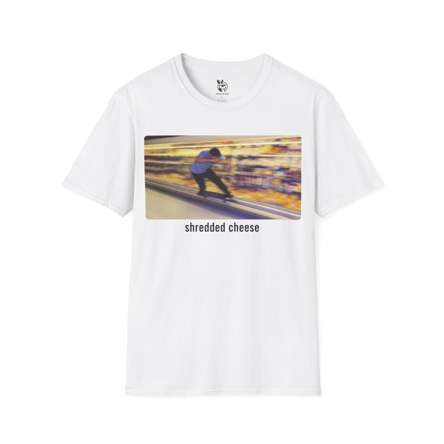 Shredded Cheese Skater Soft Cotton Unisex T-Shirt in White .