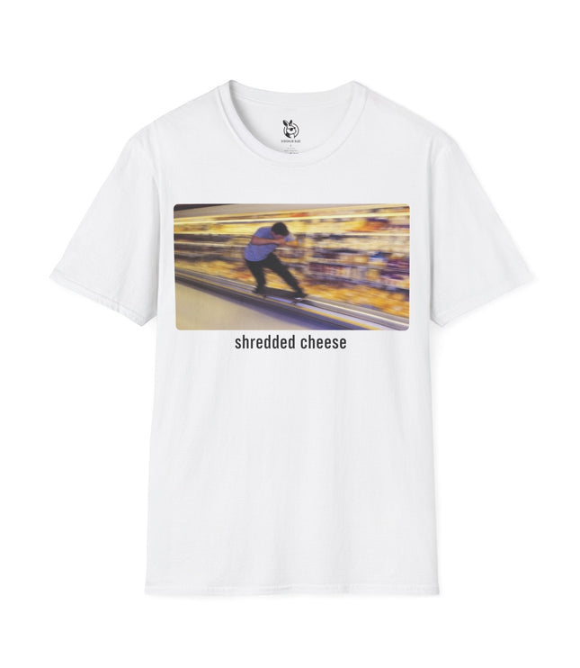 Shredded Cheese Skater Soft Cotton Unisex T-Shirt in White .