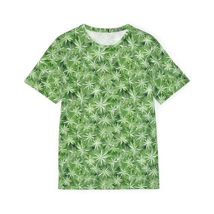 The front of a soft polyester sports jersey featuring a green pattern of starbursts.