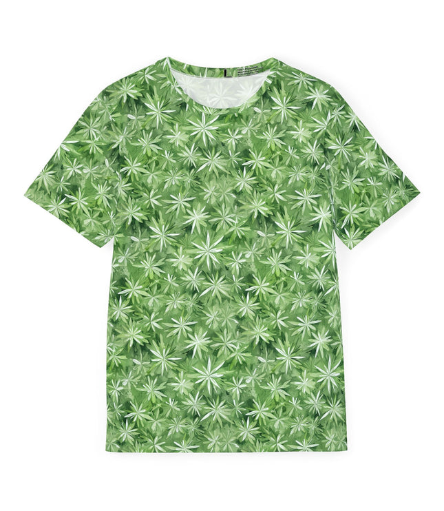 The front of a soft polyester sports jersey featuring a green pattern of starbursts.