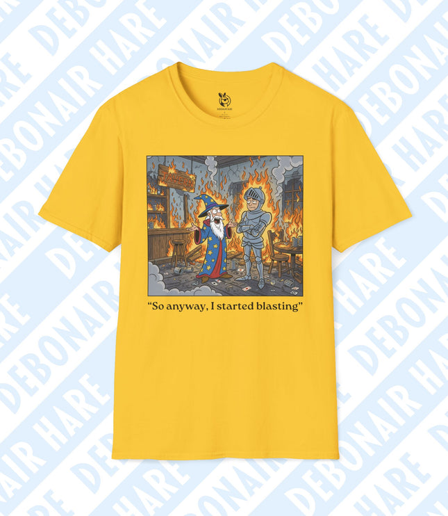 A yellow t-shirt depicting a wizard explaining to a knight how the tavern got blasted with fire