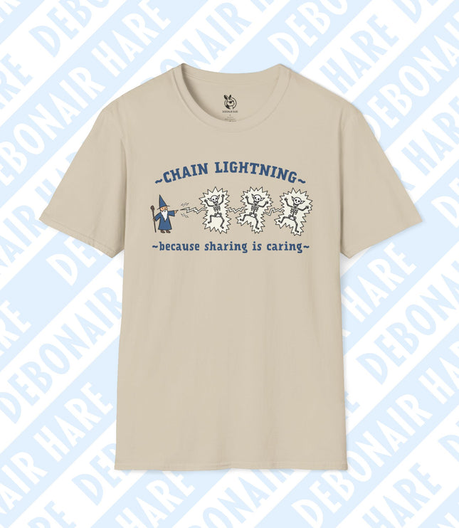 A beige t-shirt showing a wizard casting chain lightning on some goblins with the tagline "sharing is caring"