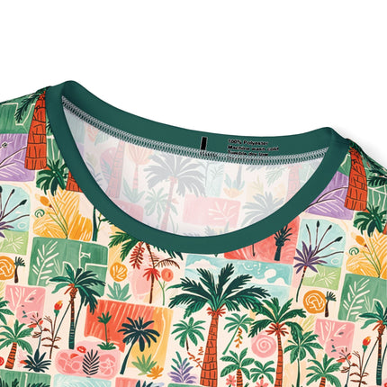 The neck of a soft polyester sports jersey featuring a doodled pattern of palm trees, flora and pastels.