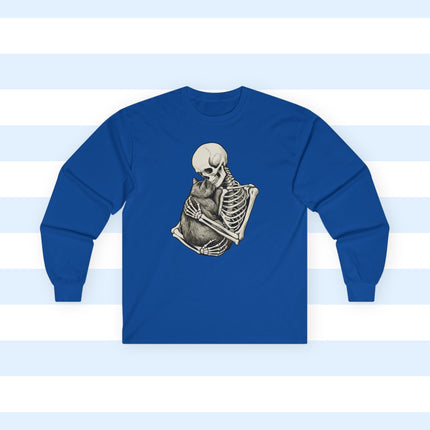 Blue longsleeve shirt with a graphic of a skeleton hugging a cat