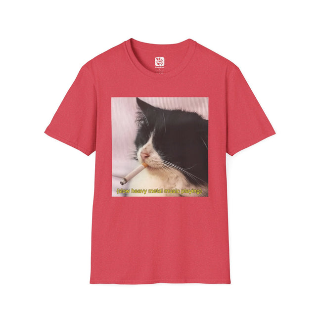 Slow Heavy Metal Cat Unisex T-Shirt in Heather Red .