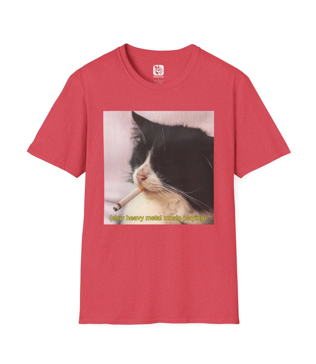 Slow Heavy Metal Cat Unisex T-Shirt in Heather Red .