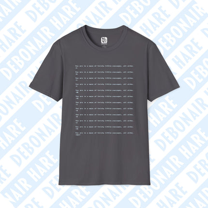 A charcoal t-shirt with the text "You are in a maze of twisty little passages, all alike" multiple times, with compass prompts after each.