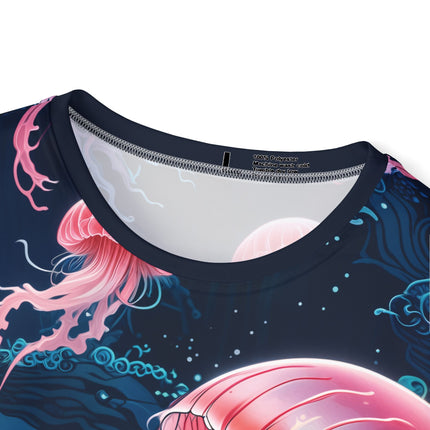 The neck of a soft polyester sports jersey featuring pink deep sea jellyfish on dark blue background.