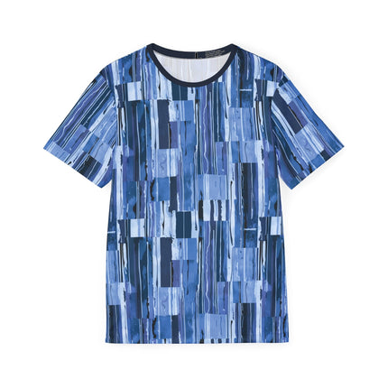 The front of a soft polyester sports jersey featuring a dripping pattern of squares and rectangles in cool blue tones.