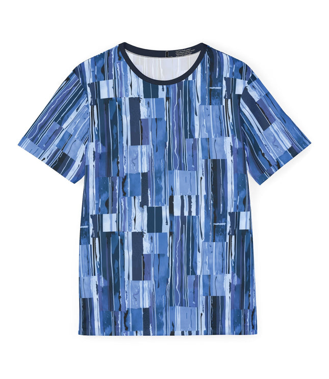 The front of a soft polyester sports jersey featuring a dripping pattern of squares and rectangles in cool blue tones.