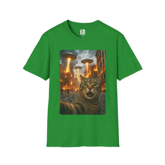Green t-shirt with a graphic of a cat and UFOs on a cityscape