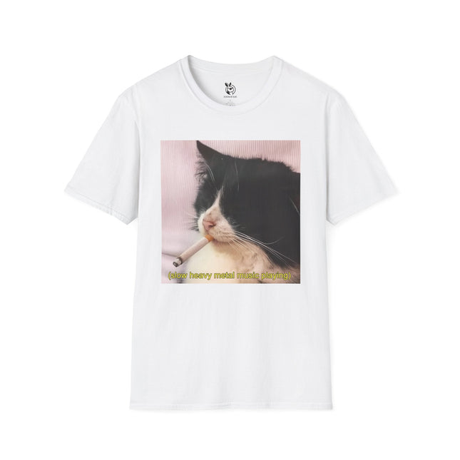 Slow Heavy Metal Cat Unisex T-Shirt in White .