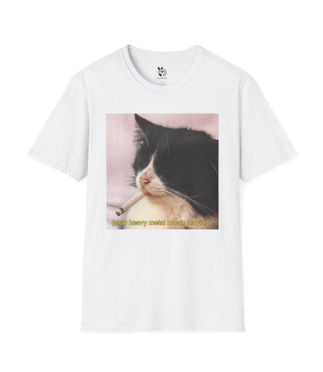 Slow Heavy Metal Cat Unisex T-Shirt in White .