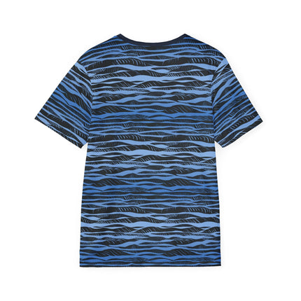 The back of a soft polyester sports jersey featuring a blue and black horizontal stripe pattern.