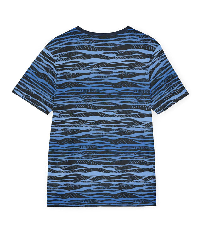 The back of a soft polyester sports jersey featuring a blue and black horizontal stripe pattern.