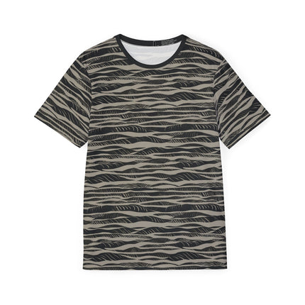 The front of a soft polyester sports jersey featuring an abalone and black horizontal stripe pattern.