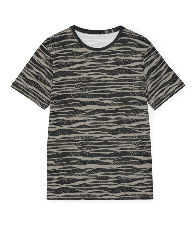 The front of a soft polyester sports jersey featuring an abalone and black horizontal stripe pattern.