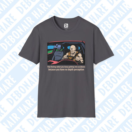 A charcoal t-shirt depicting a driving cyclops upset with his lack of depth perception