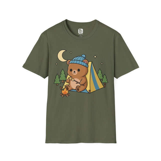 Cute Kawaii Camping Bear Soft Cotton Unisex T-Shirt in Military Green .