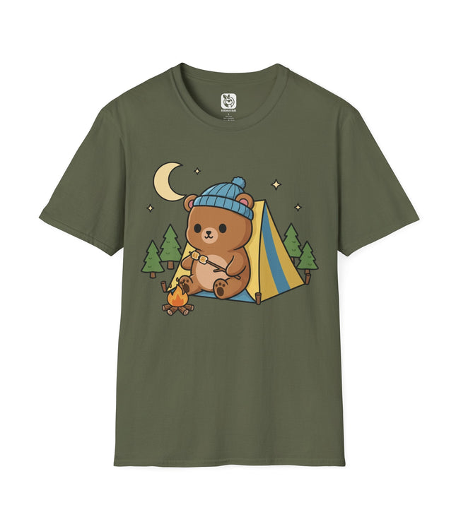 Cute Kawaii Camping Bear Soft Cotton Unisex T-Shirt in Military Green .