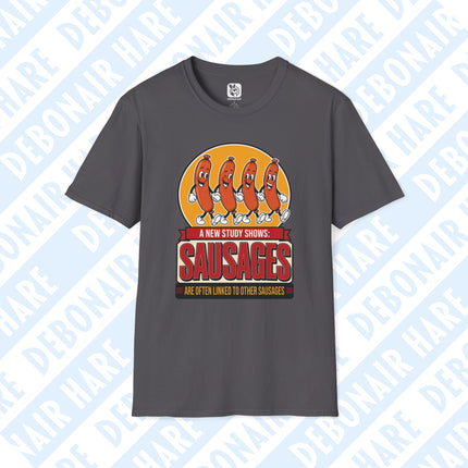 A gray t-shirt declaring that a study shows that sausages are linked to other sausages