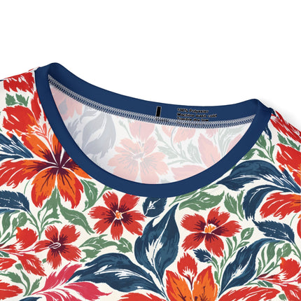 The neck of a soft polyester sports jersey featuring a flat pattern of floral prints in orange, red, blue and green.