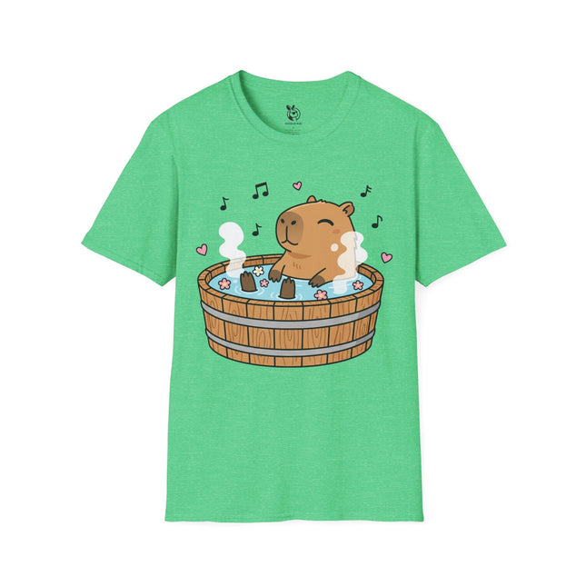 Cute Hottub Capybara Soft Cotton Unisex T-Shirt in Heather Irish Green .