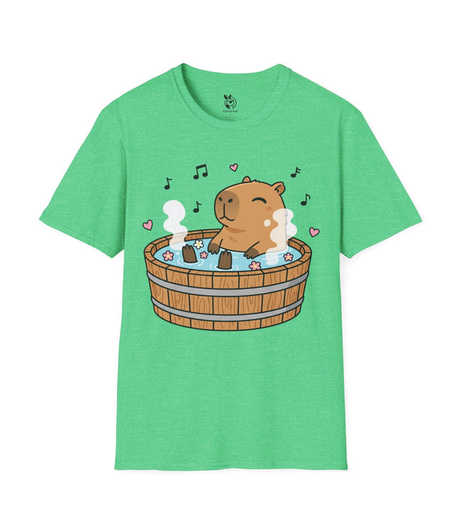 Cute Hottub Capybara Soft Cotton Unisex T-Shirt in Heather Irish Green .