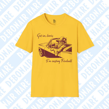 A yellow t-shirt depicting a wizard in a car, saying "Get in losers, I'm casting fireball"