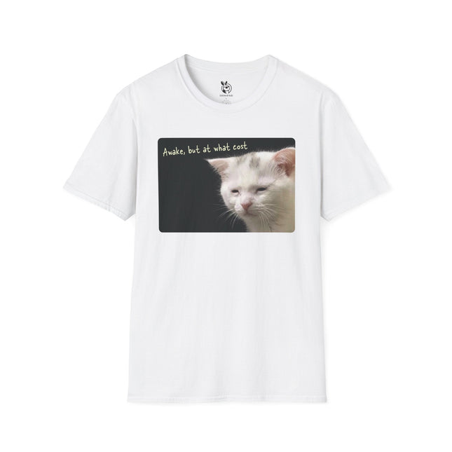 White t-shirt with a graphic of a cat having a hard time staying awake.